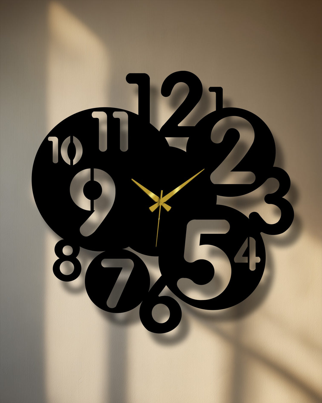 The muted color saturation highlights the bold abstract design of this decorative metal art Modern Number Art Metal Wall Clock with gold hands.