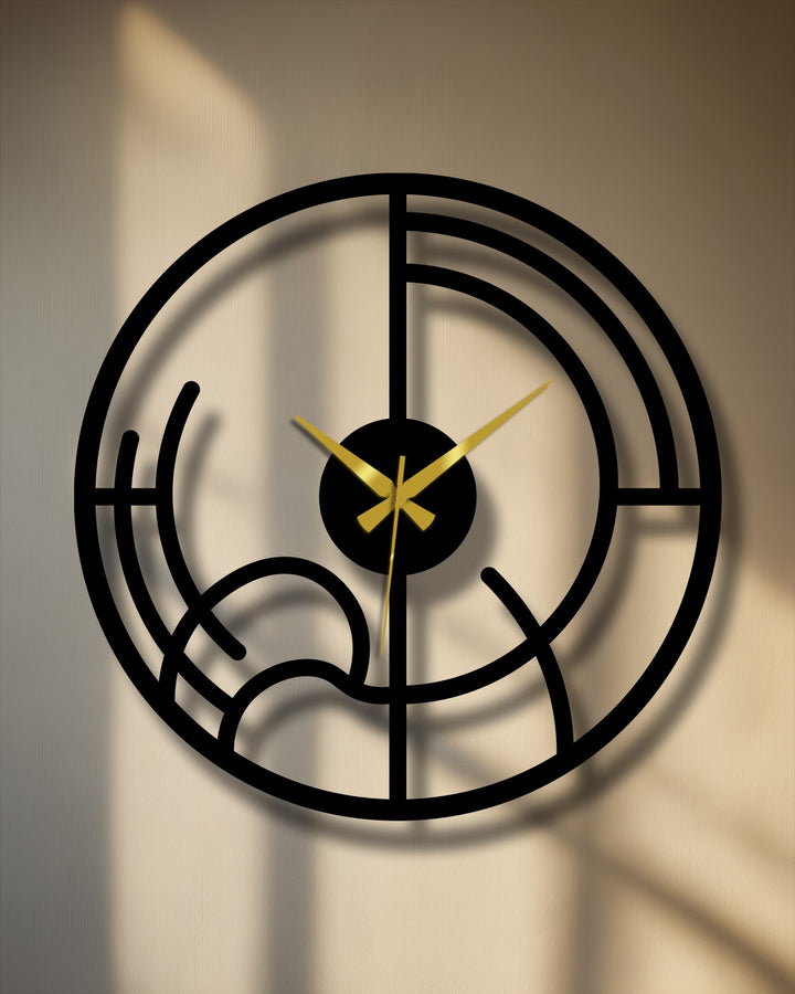 Organic lines twist and curve in this decorative metal art clock, forming a unique geometric design with modern minimalist appeal and golden hands.