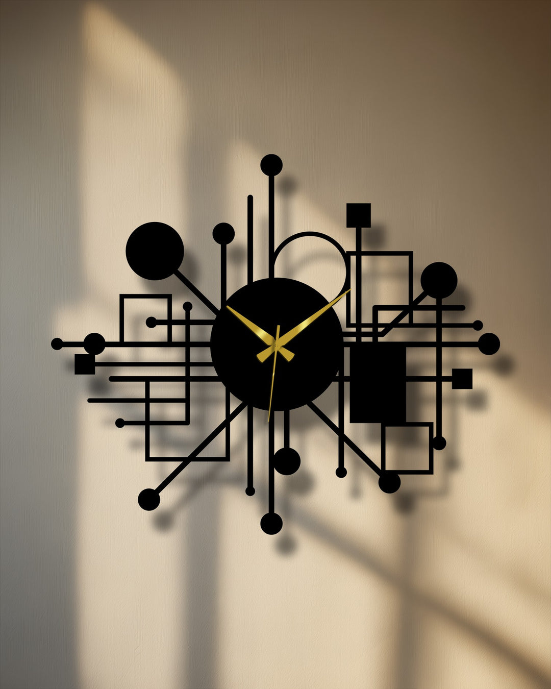 With moderate color saturation, the abstract network metal wall clock showcases decorative metal art with geometric lines and gold hands, making it a modern home decoration piece.