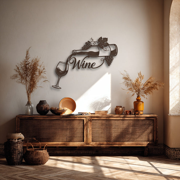 Woven baskets and a light-drenched wooden cabinet in the foreground perfectly complement the elegant wine metal wall decor.