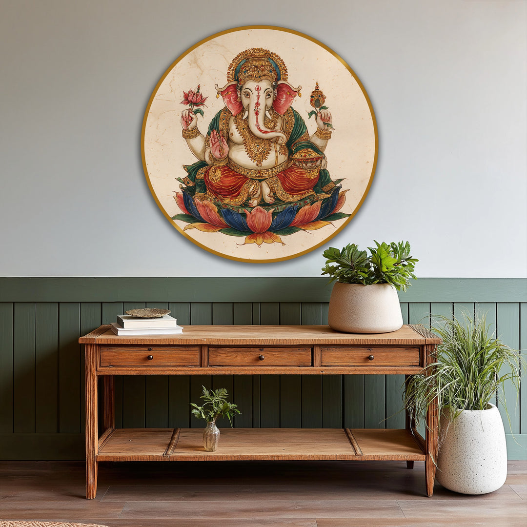 Ganesha's lotus flower seat is the softest element in this classical, round oil painting artwork depicting the Hindu god, blending traditional spiritual artistry.