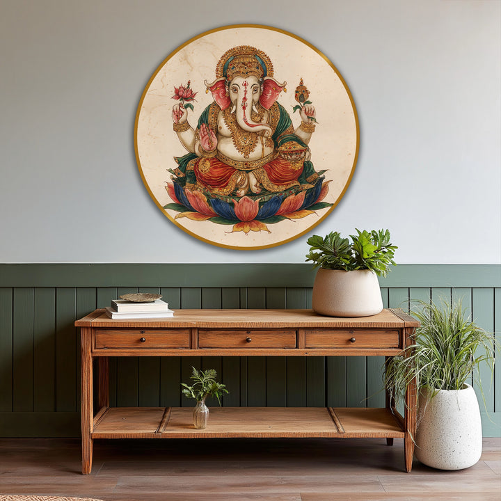 Ganesha's lotus flower seat is the softest element in this classical, round oil painting artwork depicting the Hindu god, blending traditional spiritual artistry.