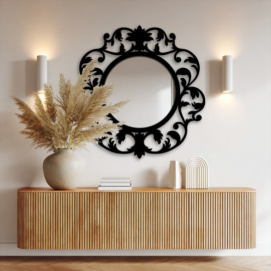 Showing the abstract quality of the Victorian Bloom round decorative mirror's ornate botanical decoration wall art, enhancing the room's aesthetic.