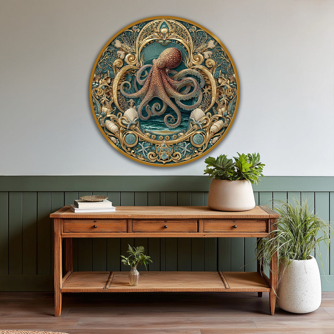 Elegant, baroque-style Ornate Ocean Octopus round oil painting evokes a sophisticated, coastal mood with its intricate gold details as an exquisite oil painting decoration.