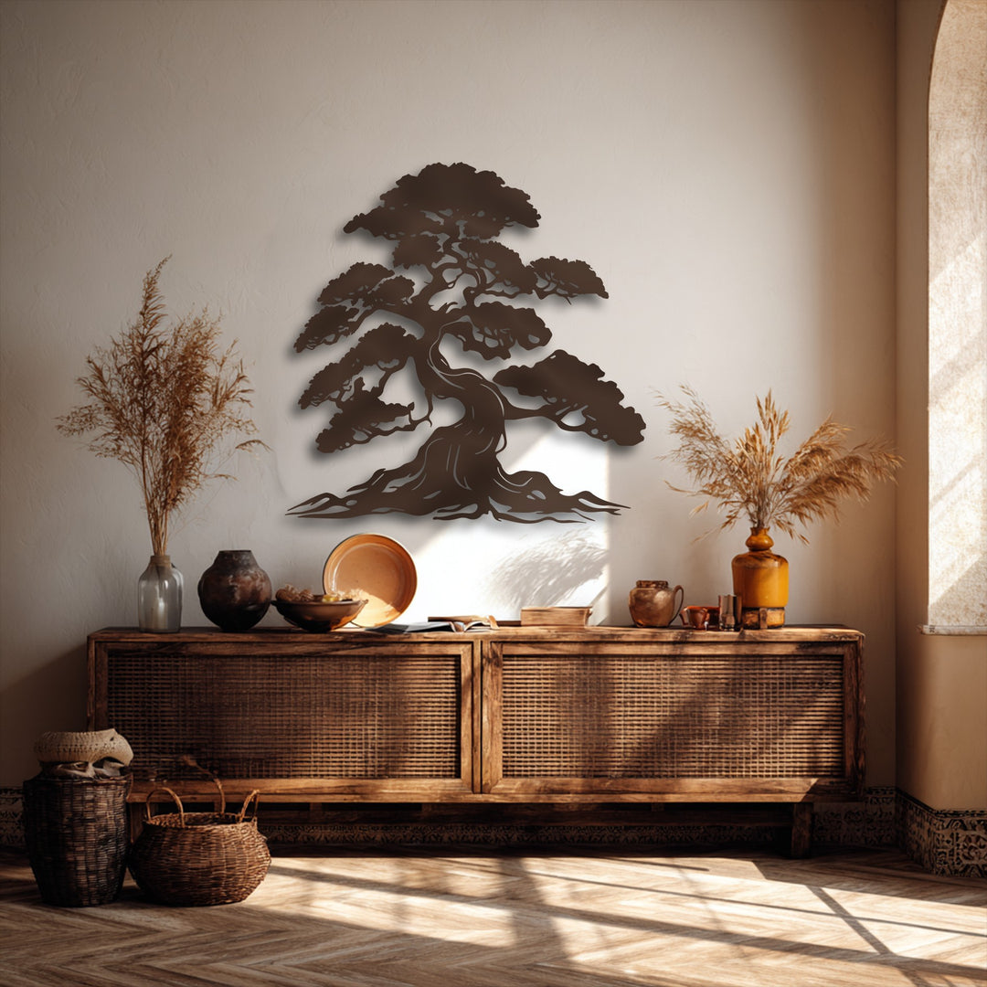 The brightest area, a sun-drenched archway on the right, complements the central unique metal wall art featuring a timeless bonsai tree design.