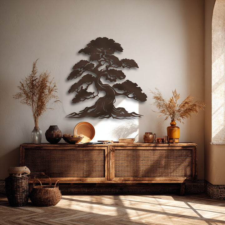 The brightest area, a sun-drenched archway on the right, complements the central unique metal wall art featuring a timeless bonsai tree design.