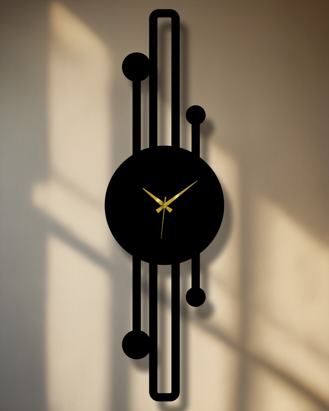 Subtle light and shadow play across the modern, vertical metal art for wall clock, highlighting its minimalist geometric lines and gold hands.