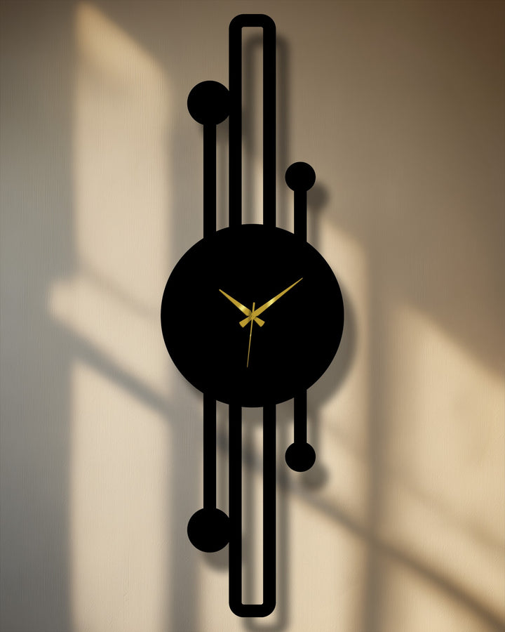 Subtle light and shadow play across the modern, vertical metal art for wall clock, highlighting its minimalist geometric lines and gold hands.