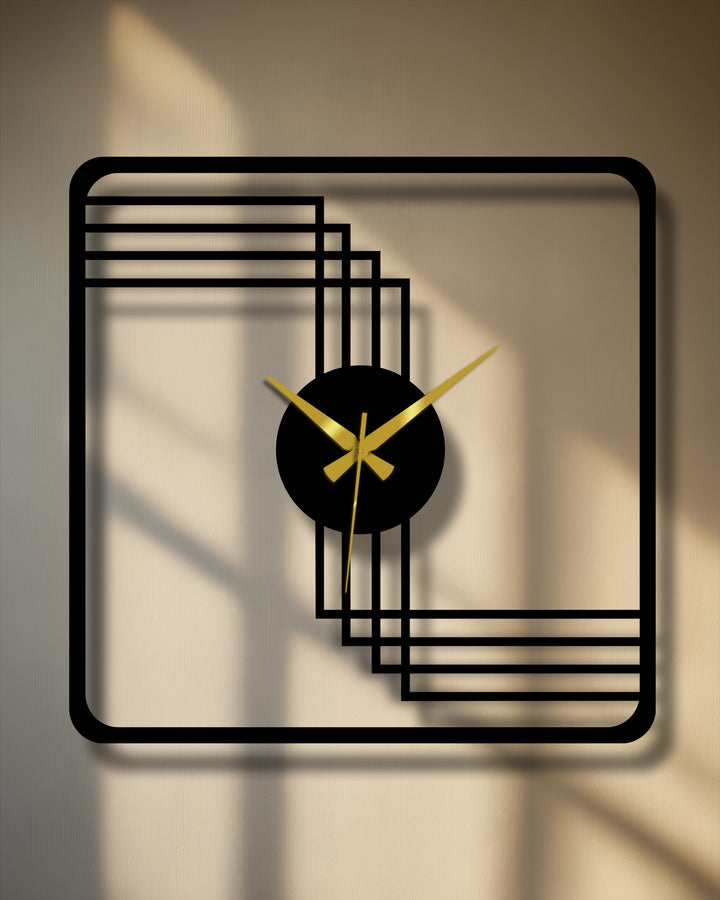 Realistic detail showcases the geometric metal wall clock's modern design, a sophisticated decoration wall art piece featuring a square frame and gold hands.