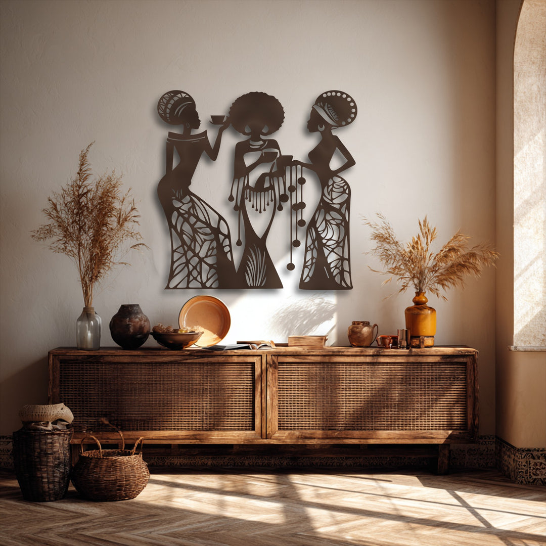 Dynamic layers are created by three unique metal wall art women silhouettes and their shadows against a textured wall, adding depth.