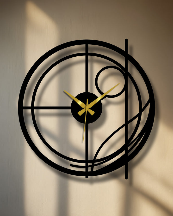Highlighting the realistic detail, this abstract circular line modern metal artwork wall clock features finely crafted gold hands for telling time.