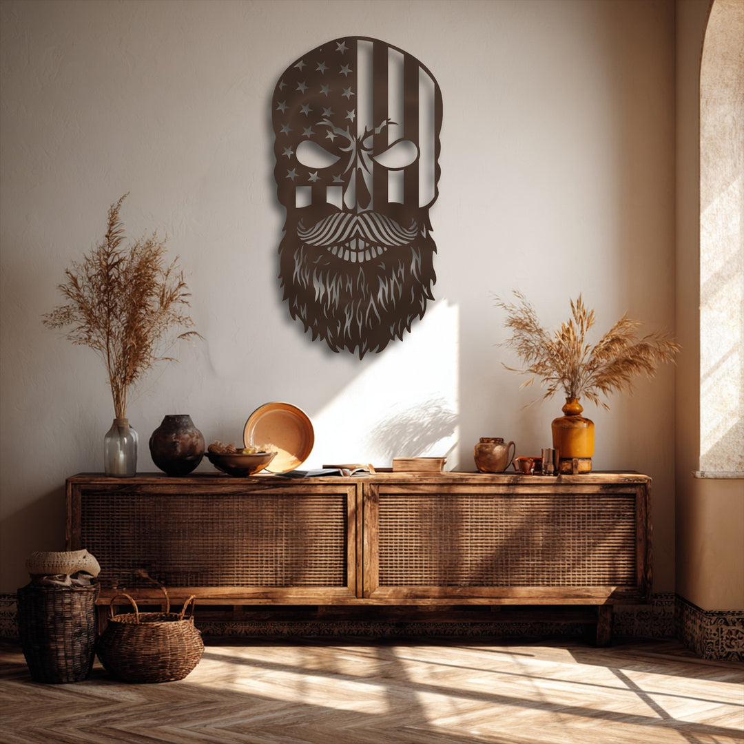 Dynamic sunbeams sweep across the wall, emphasizing the shadow and detail of the Bearded American Flag Patriot Skull unique metal wall art.