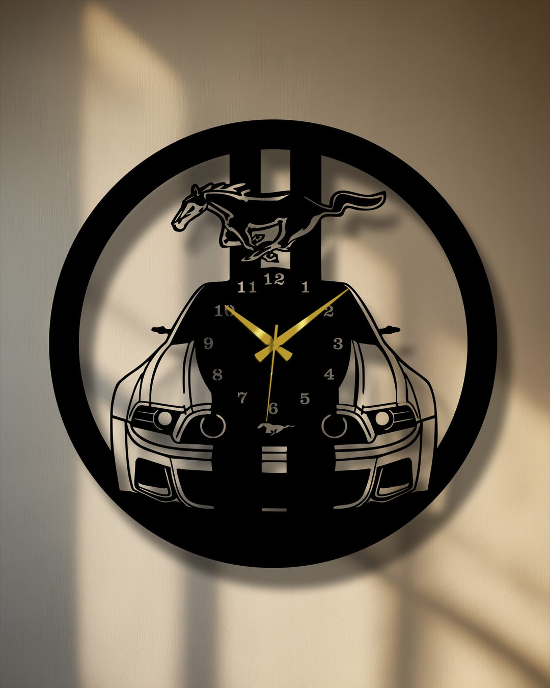 Subdued color saturation enhances the Wild Mustang metal art for wall clock's bold muscle car style, making its gold hands and galloping horse pop.