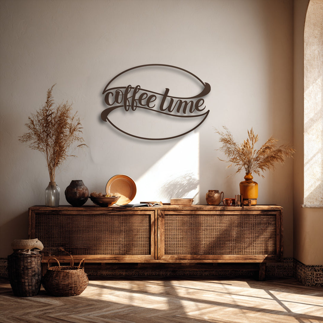 Showcasing significant depth and layers, a unique metal wall art piece depicting 'coffee time' casts a shadow above a richly textured wooden console.