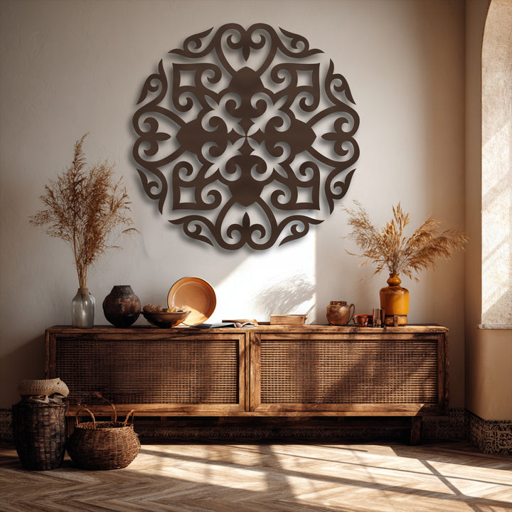 Organic forms within the ornate floral mandala unique metal wall art showcase intricate, flowing patterns, complementing the natural room aesthetics.