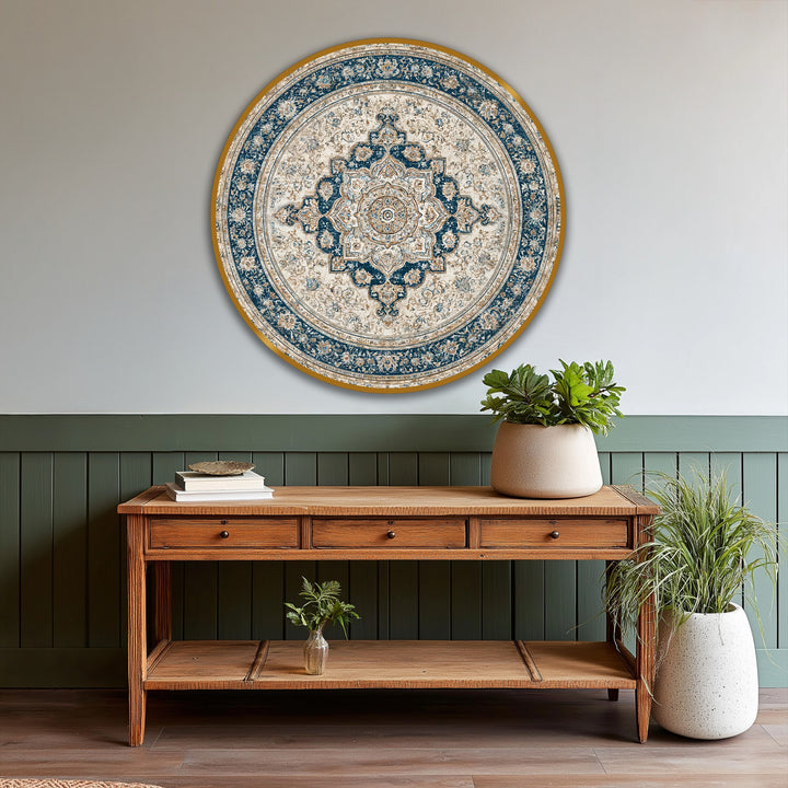 Subtle floral details emphasize the organic forms of this round, vintage-inspired Persian mandala, a navy and ivory oil painting home decor accent that exudes imperial elegance.