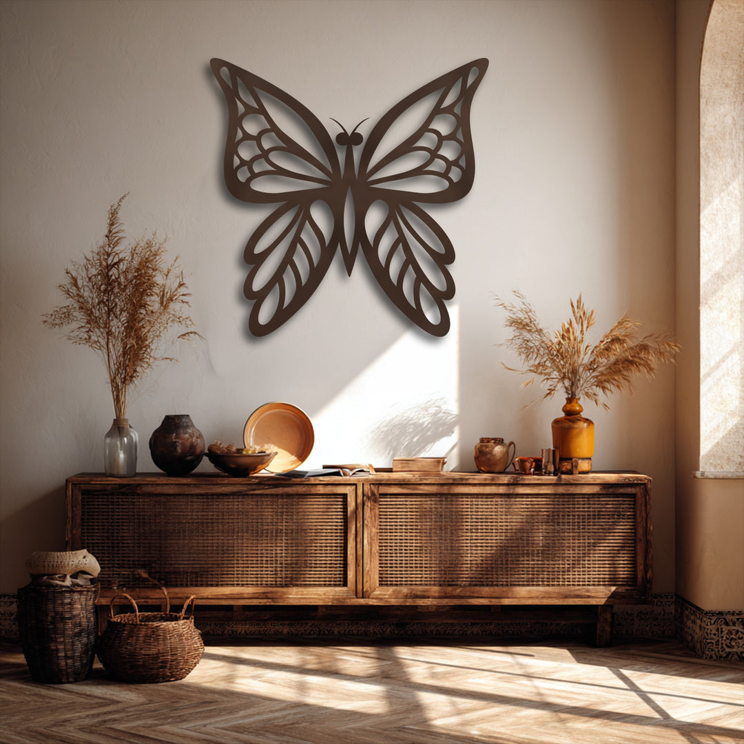 The bright, sun-lit background wall showcases an elegant butterfly silhouette decoration wall art, enhancing the minimal nature-inspired decor.