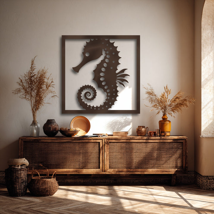 Woven baskets and a rustic rattan cabinet anchor the foreground, bathed in sunlight, complementing the elegant Ocean Grace seahorse metal art for wall.