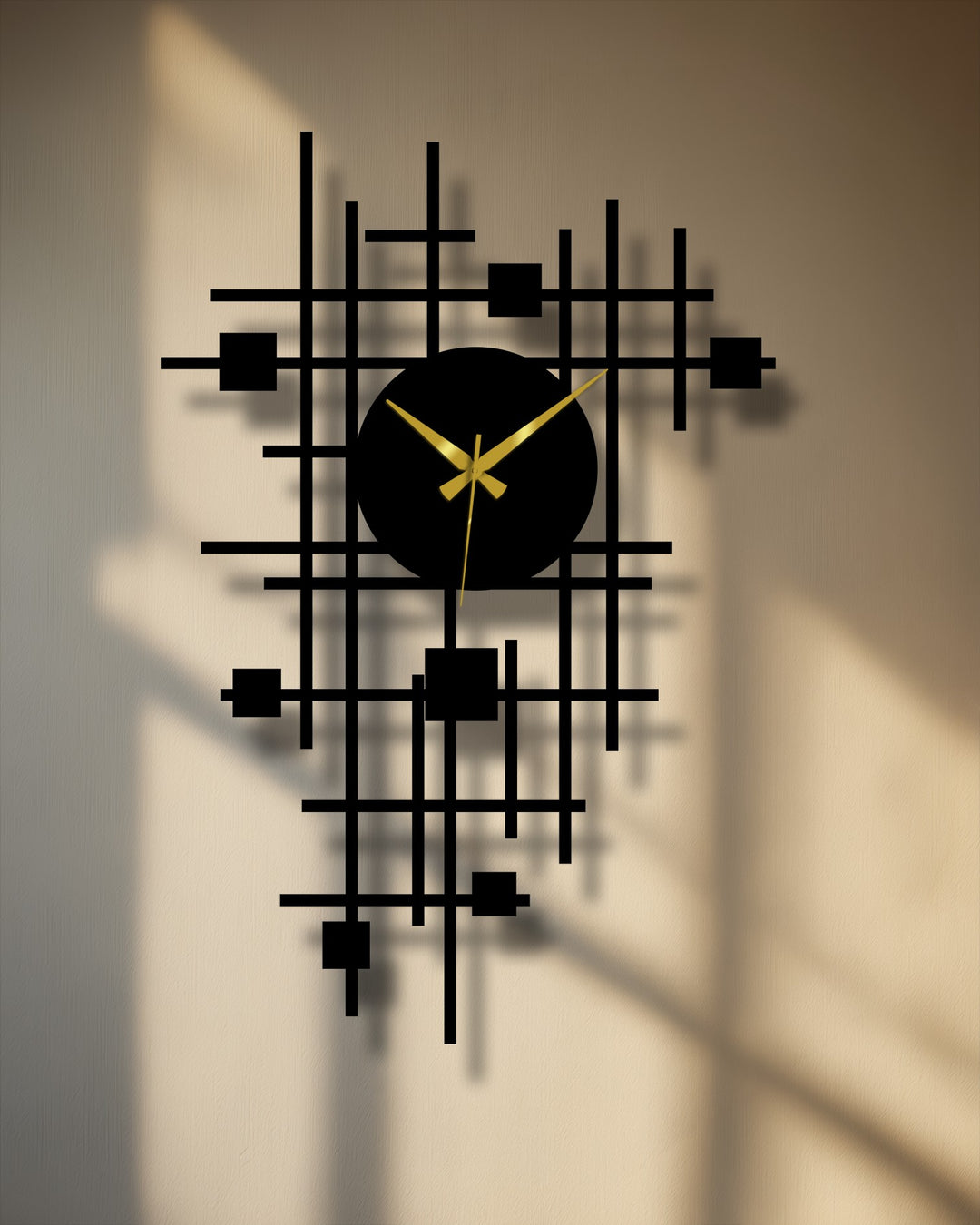 Foreground shows the abstract grid metal wall clock, a piece of modern metal wall decor with geometric lines, casting shadows on the textured wall.