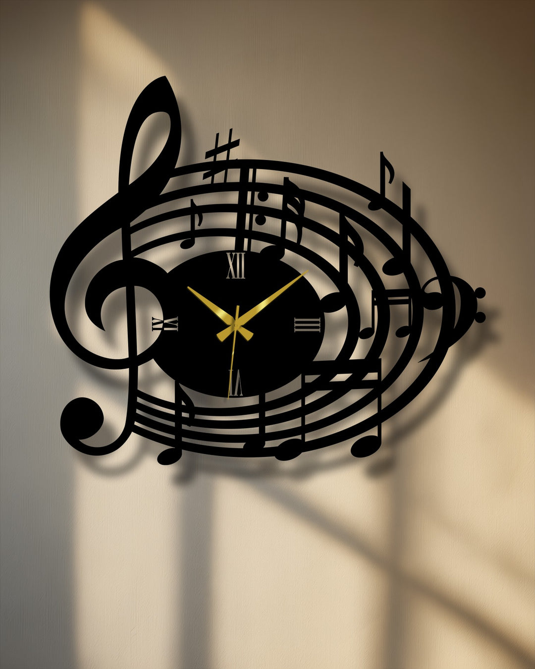 Featuring the realistic detail, this musical notes treble clef metal wall clock showcases artistic music design with a touch of captivating metal art for wall.