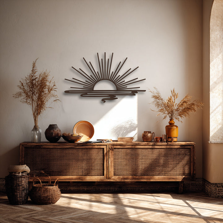 Abstract minimalist sunrise unique metal wall art featuring bold, radiant beams above a tranquil horizon line, enhancing modern decor.