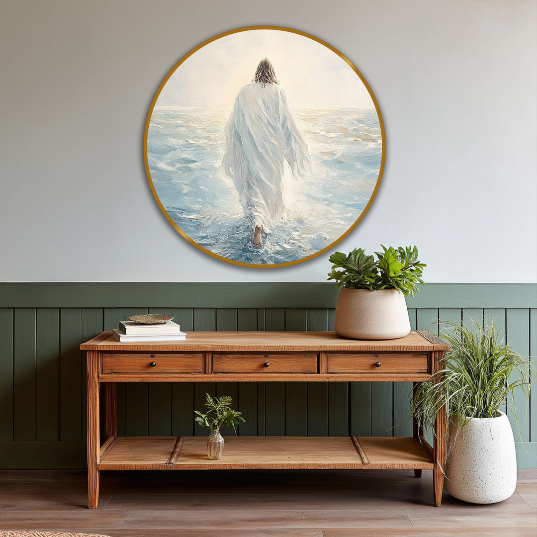 Organic figure in the faith-inspired round oil painting decoration showcases the natural form of water interacting with a robed form.