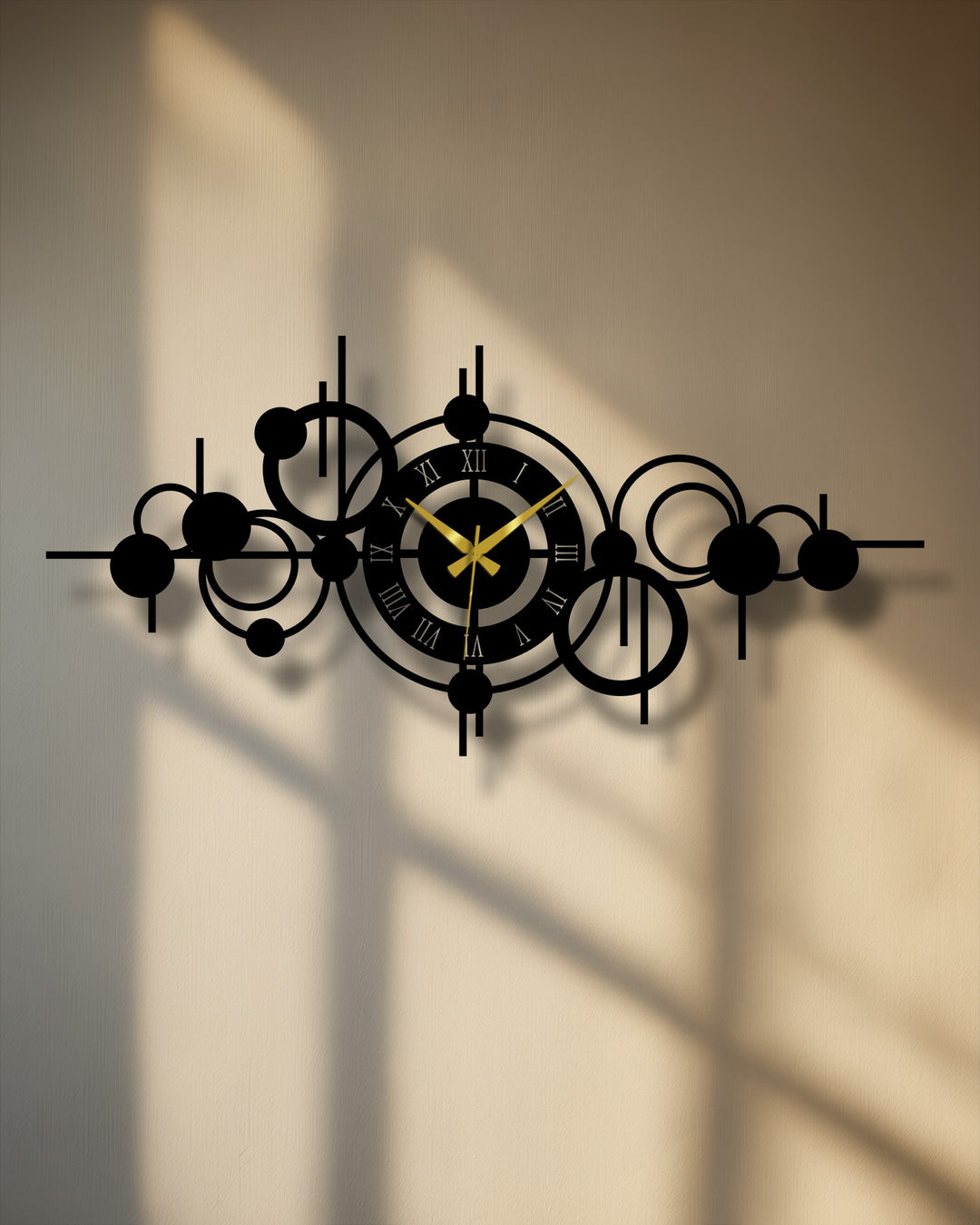 Highlighting the abstract quality, this modern geometric metal wall clock presents decoration wall art through its orbiting circles, lines, and sleek design.
