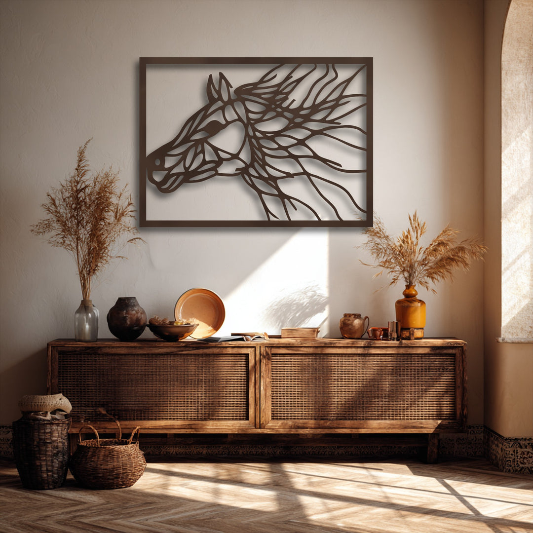 The thick, dark brown border perfectly frames the flowing lines of this decorative metal art of an abstract horse.