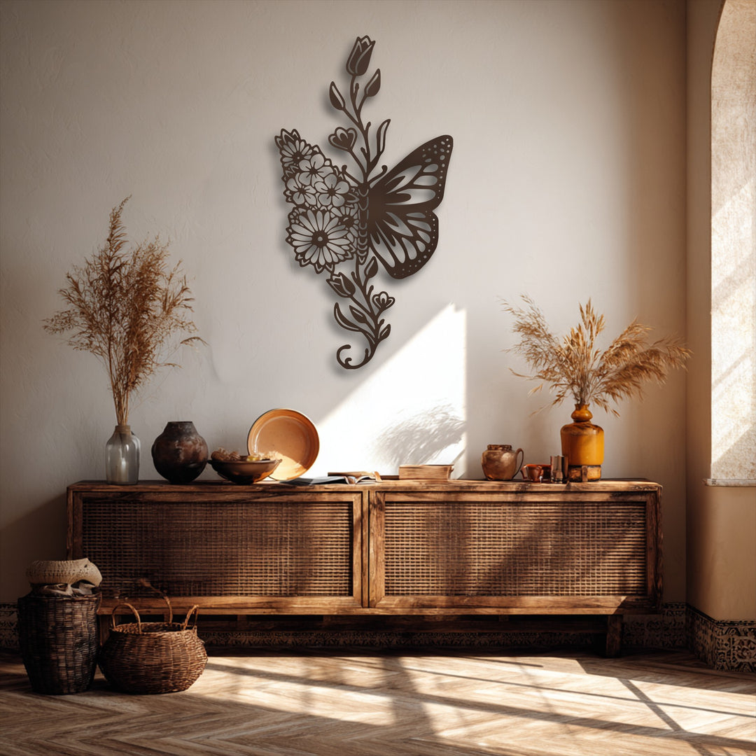 The darkest area, a striking Floral Butterfly Fusion metal art for wall, casts a subtle shadow on the beige wall above rustic baskets.