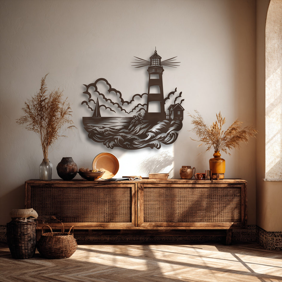The decorative metal art of a lighthouse seascape uses a clever layering effect, with dimensional ocean waves and a sailboat casting dynamic shadows.