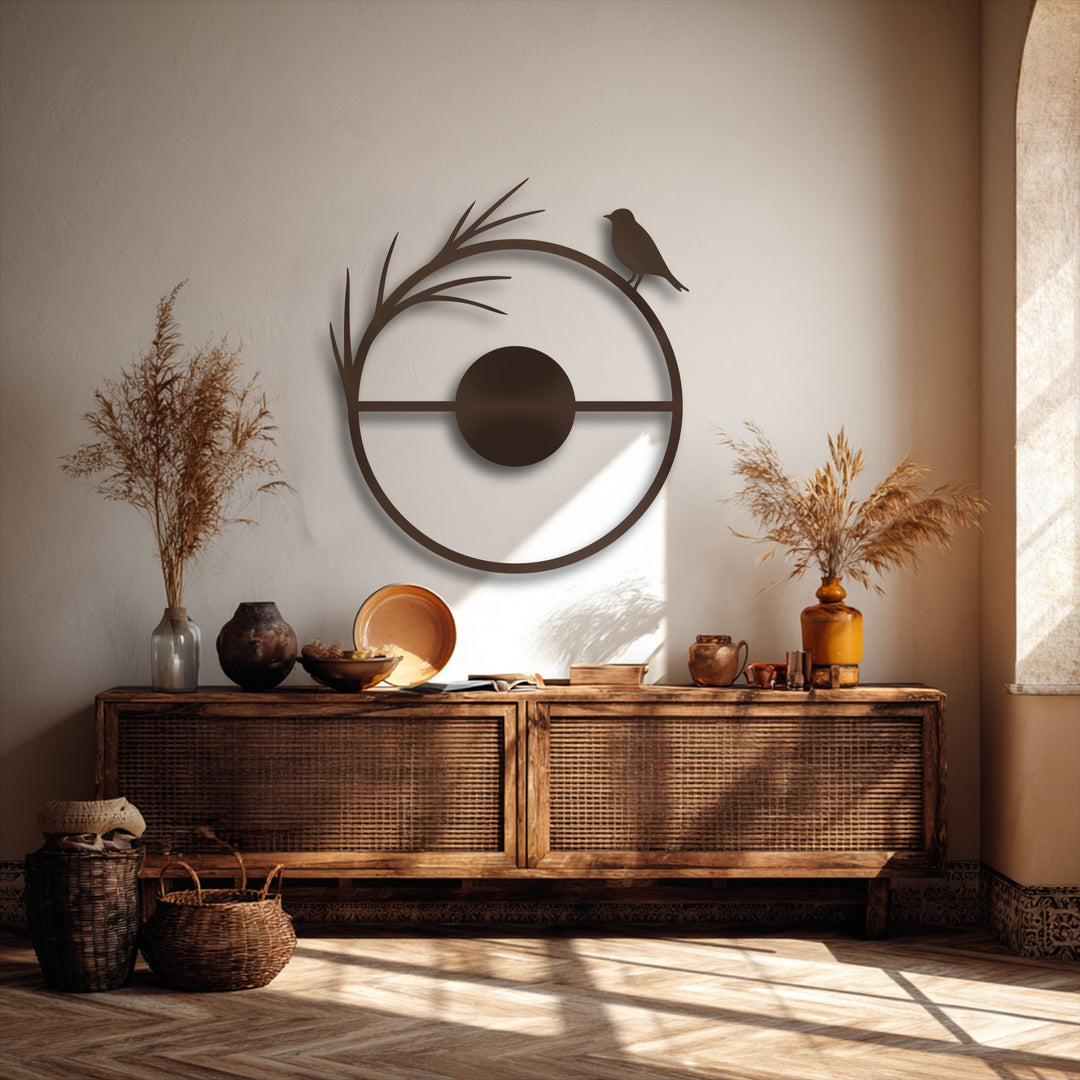 A subtly textured beige background beautifully showcases the elegant Minimal Bird Circle Metal Wall Art, a modern metal wall decor.