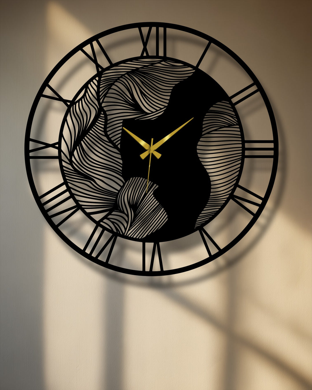 Exploring depth and layers, this decorative metal art clock features an abstract wave design with Roman numerals, creating a visually dynamic time-telling piece.