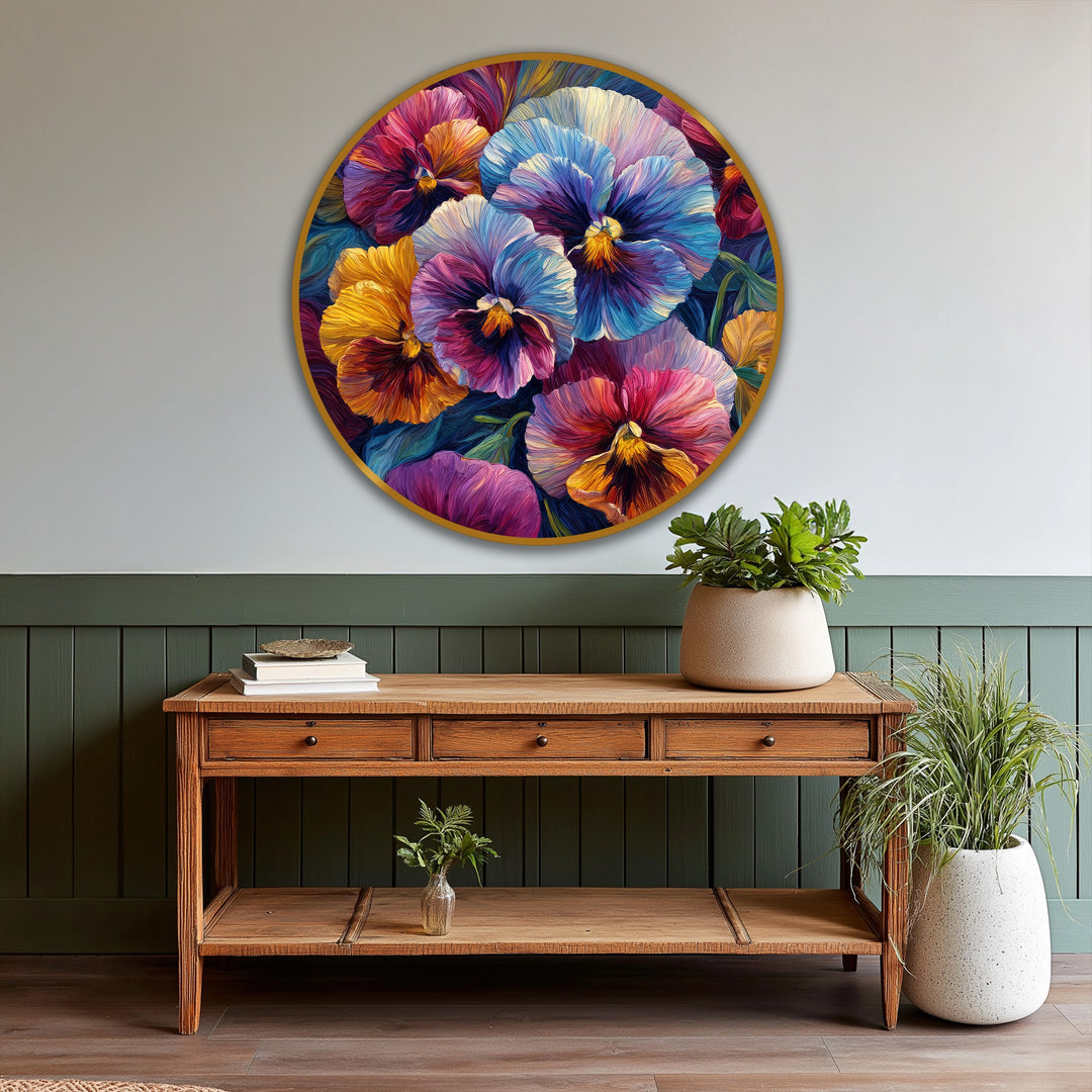 Abstracted brushstrokes define this vibrant pansy bloom round oil painting decoration, creating a textural and colorful floral wall art piece with depth.
