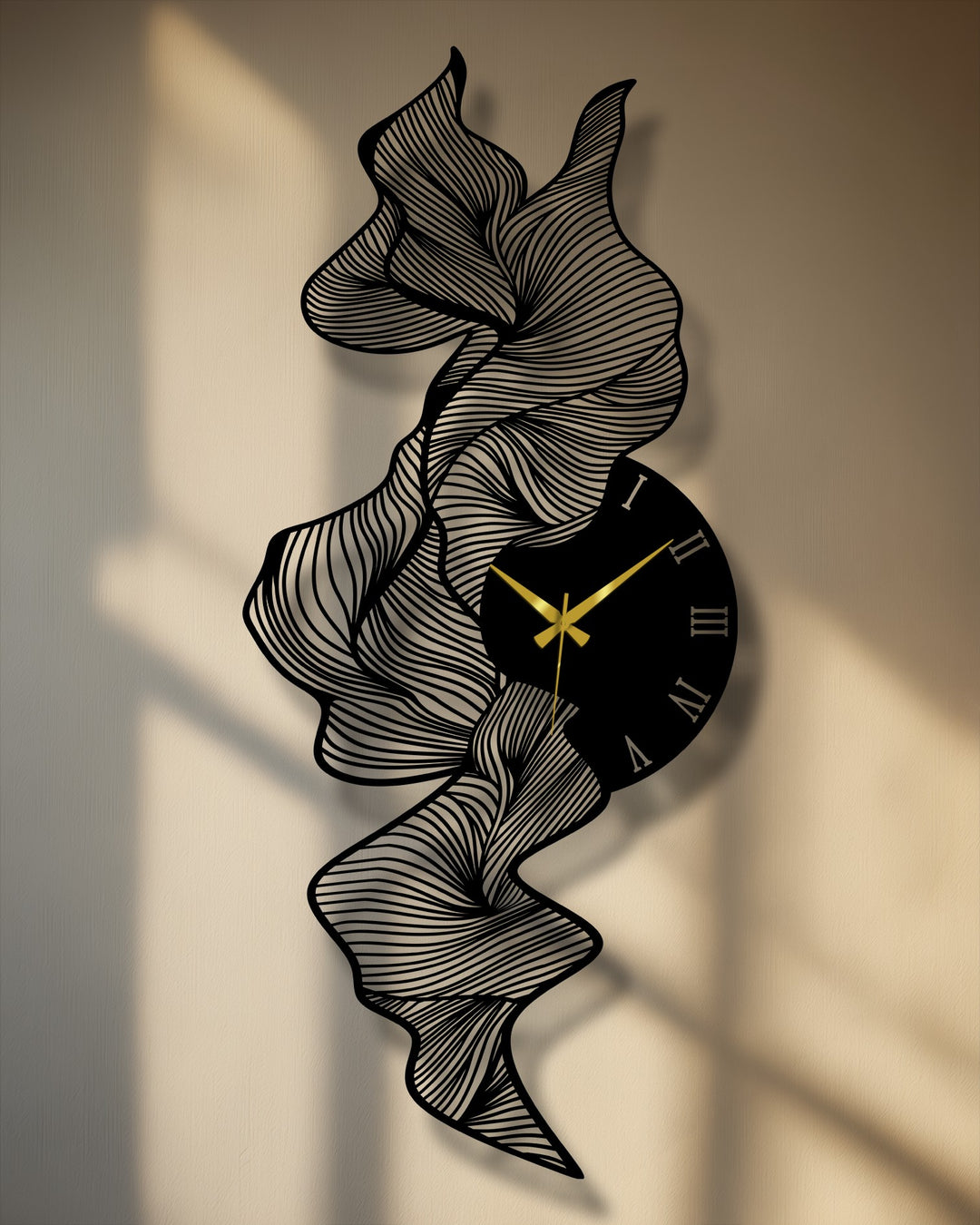 Warm color temperature highlights the flowing lines of this modern abstract wave metal wall clock, a striking piece of metal wall decor with gold hands.