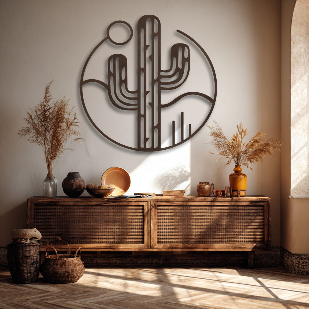 Showcasing pronounced depth and layers, this desert cactus metal wall decor subtly protrudes, casting a striking shadow.