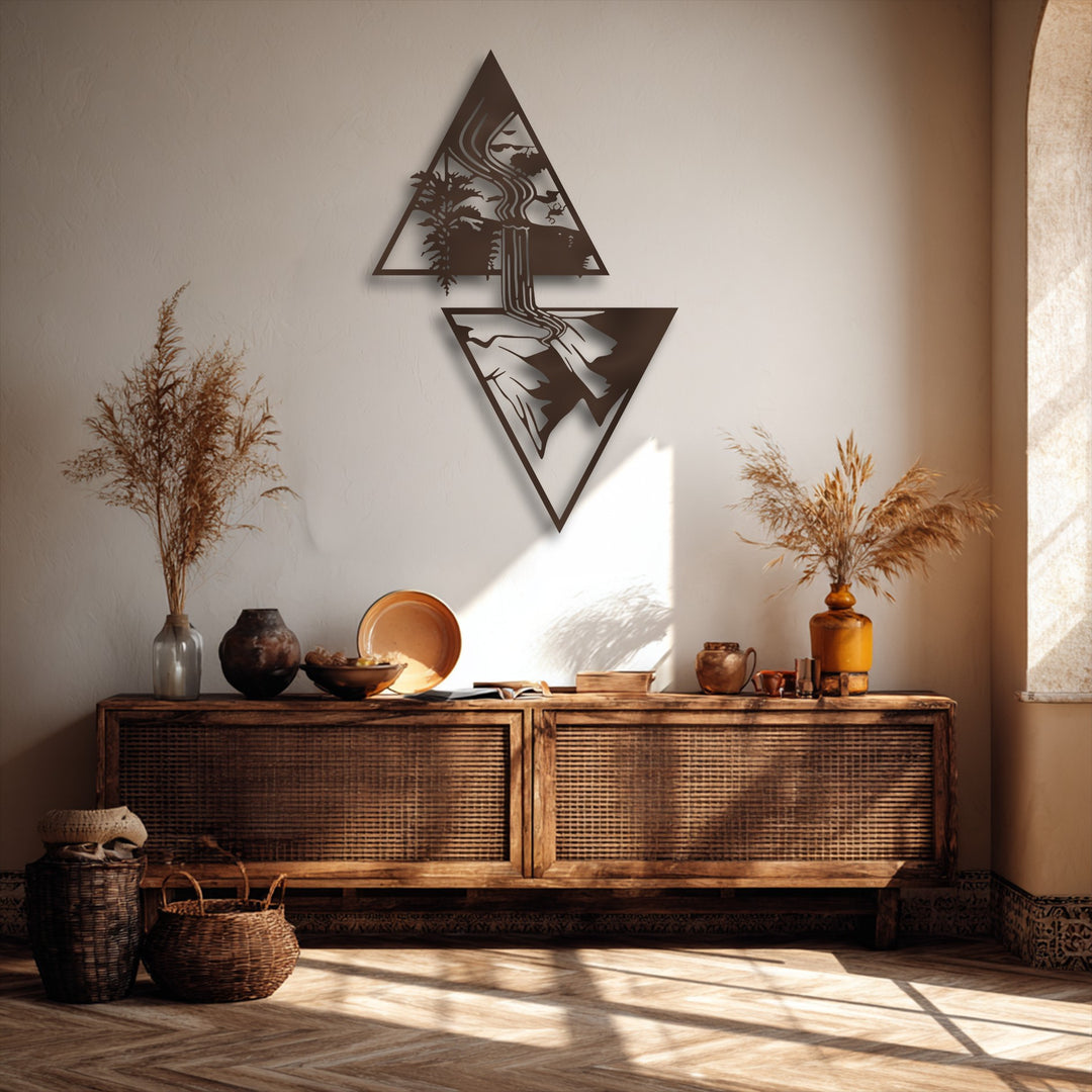 With remarkable depth and multiple distinct layers, this geometric waterfall metal wall decor highlights a serene nature landscape.
