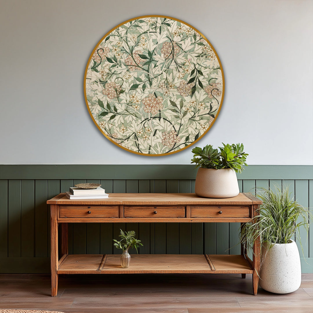 Gilded borders accentuate the circular frame of this vintage botanical oil painting reproduction print, enhancing its home decor appeal with a sophisticated edge.
