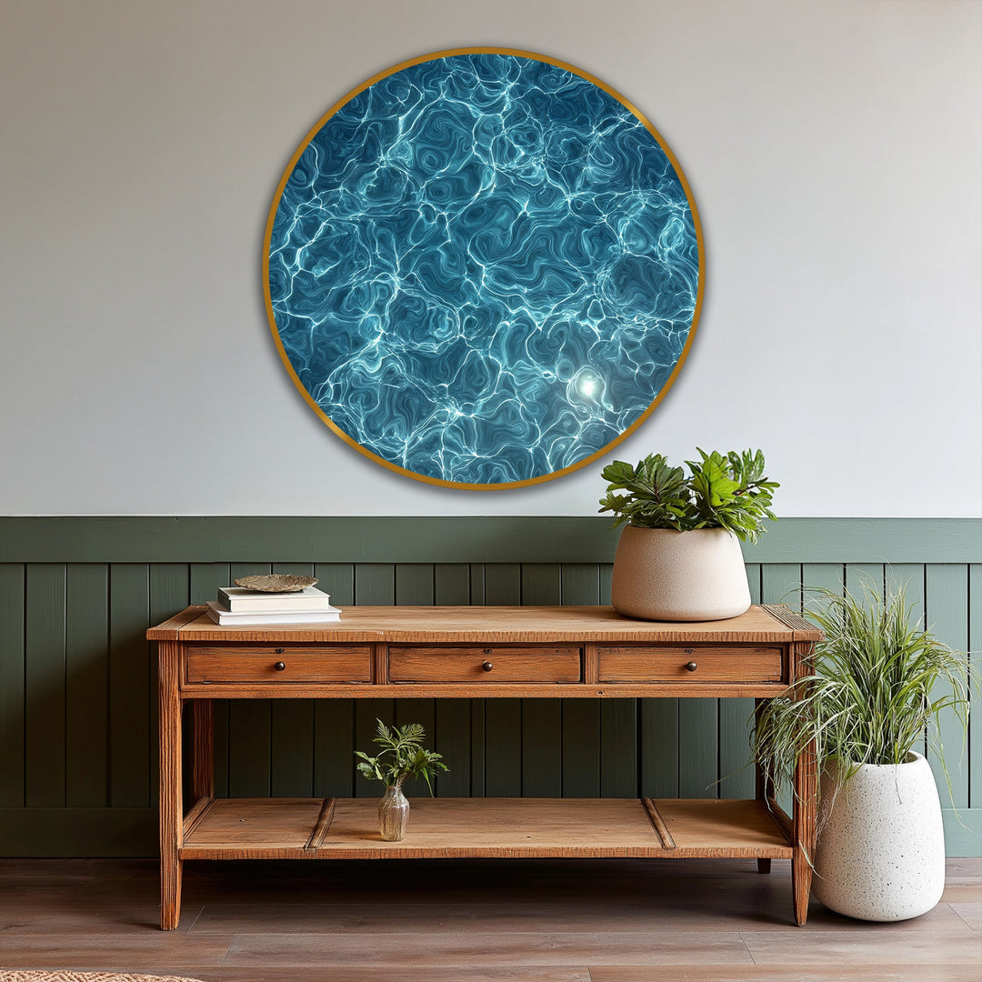 Capturing the realistic detail of an azure current, this luminous water texture round oil painting home decor features turquoise waves and light reflections.
