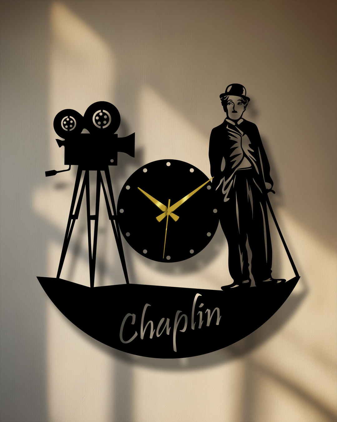 Highlighting the layering effect, this vintage cinema metal wall clock presents a unique metal art for wall with overlapping character and camera silhouettes.