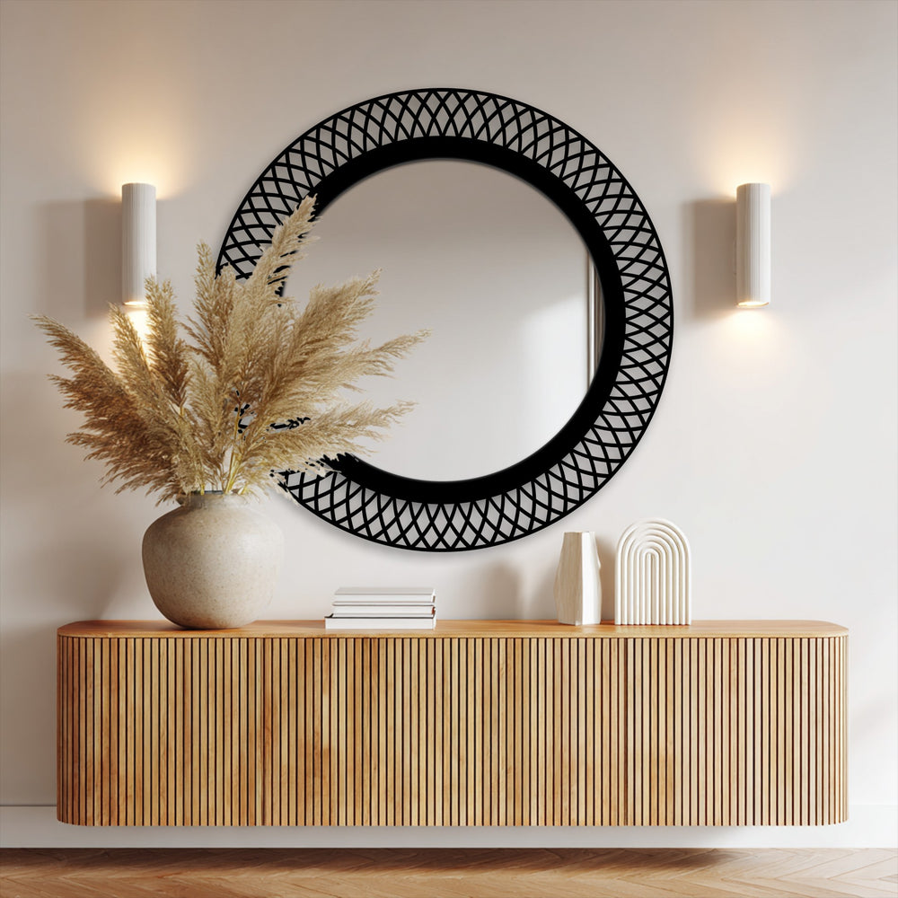 Creamy beige background emphasizes the black metal frame of the geometric lattice round floor mirror, offering a striking decoration wall art statement.