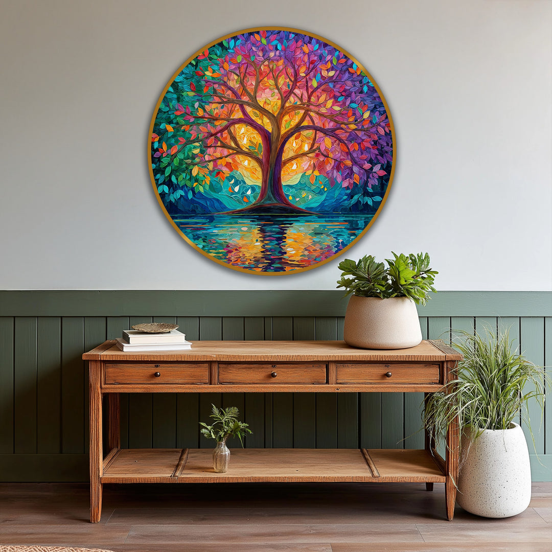Wooden console table and potted plants accentuate a serene interior space featuring the radiant spectrum tree, a striking modern oil painting art piece.