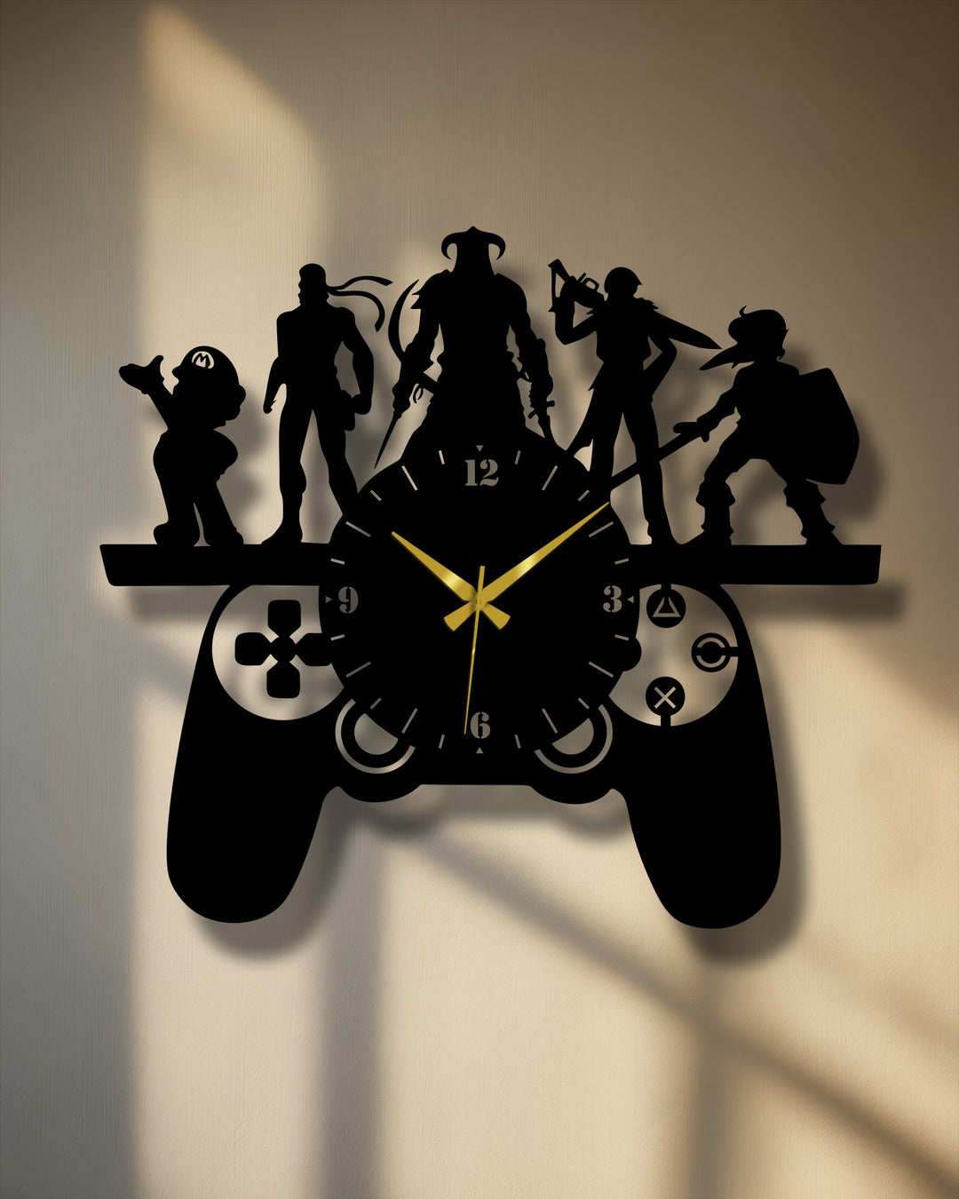 A gaming controller-shaped clock showcases unique metal wall art as silhouetted video game icons like Mario, Link, and the Dragonborn stand atop, blending decor and function.