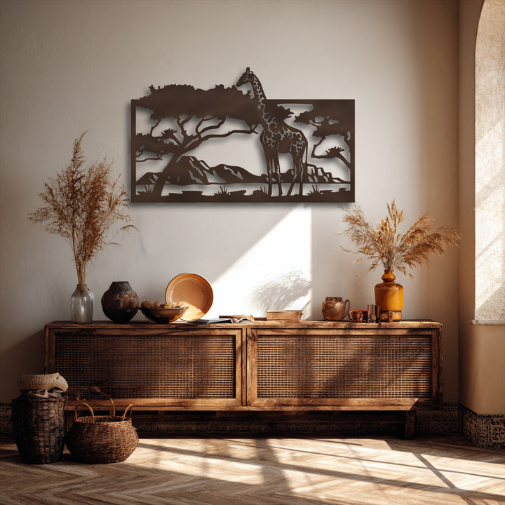 The serene mood emanates from the savannah giraffe scene metal decoration wall art, creating a calming, nature-inspired ambiance.