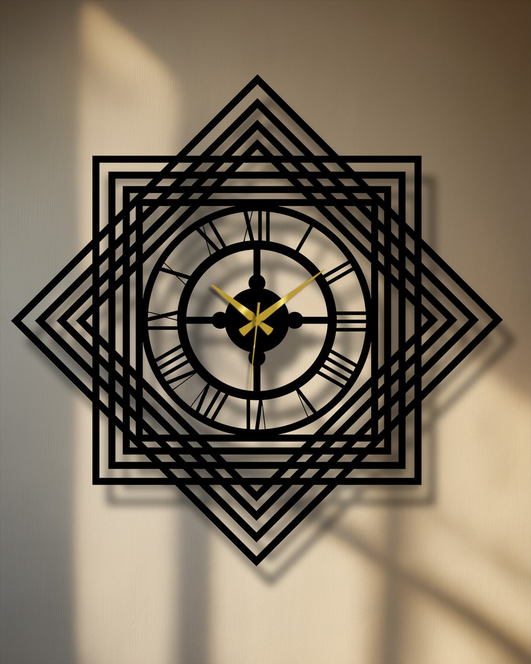 Textured surface shows the intricate detail of the geometric layered frame metal wall clock, highlighting its modern metal wall decor qualities.