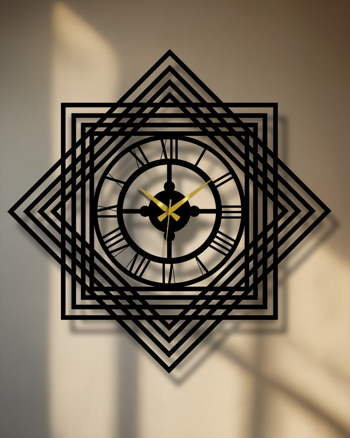 Textured surface shows the intricate detail of the geometric layered frame metal wall clock, highlighting its modern metal wall decor qualities.