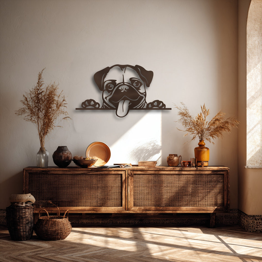 The rich, dark bronze finish of the unique metal wall art highlights the playful pug dog silhouette, adding depth to the room.
