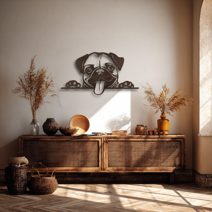 The rich, dark bronze finish of the unique metal wall art highlights the playful pug dog silhouette, adding depth to the room.