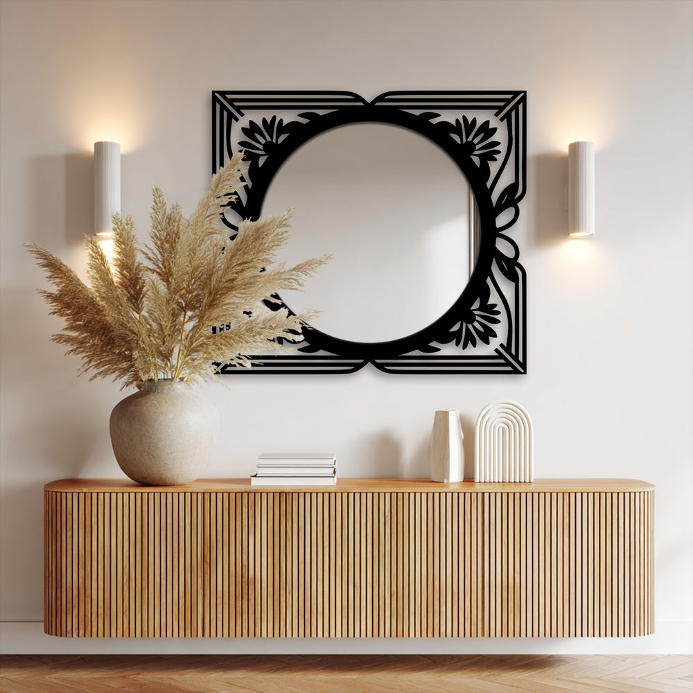 Black is the dominant color of this floral art deco frame modern wall mirrors, featuring an elegant round design crafted from metal.