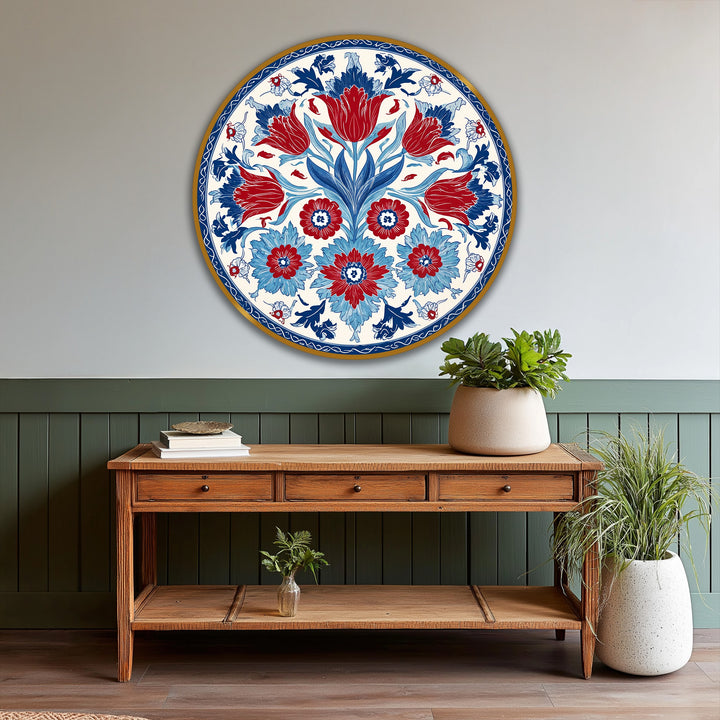 Rich surface texture defines this vibrant Ottoman floral motif round oil painting, adding depth to the intricate oil painting decoration.