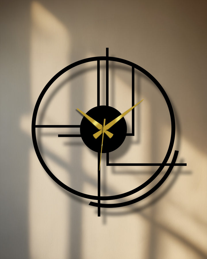 Subtle light and shadow play across the beige wall, highlighting the geometric design of the modern circular abstract line metal wall clock, resembling unique wall prints.